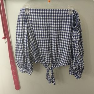 Blue plaid off the shoulder crop top